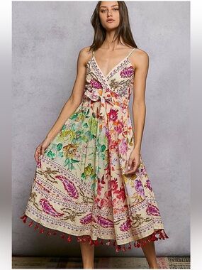 New: POL Boho Beaded Mixed Print Tie Waist Tassel Hemline Maxi Dress• Small